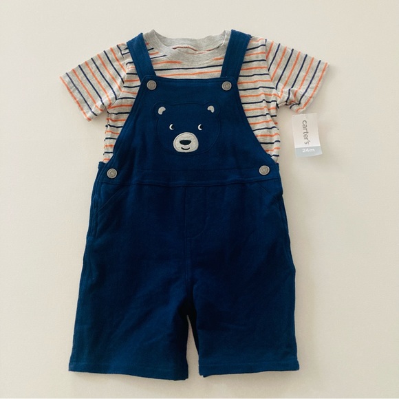 Carter’s 24 Months Baby Boy Bear Shortalls & Tee Set Outfit Blue Grey - Picture 2 of 4